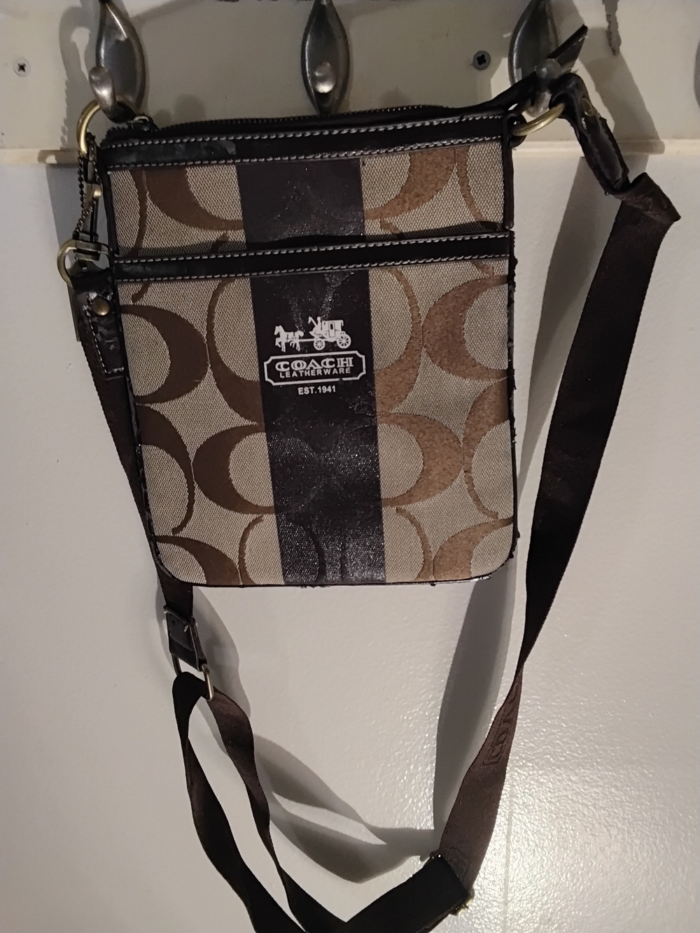 Vintage Coach Signature C Monogram Stripe Crossbody Bag Brown Y2K